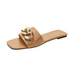 Women Sandals Design Gold Chain Closed Toe Slip On Mules Shoes Flat Heels Square Head Casual Slides Summer Slippers Open Toe Flat Sandals Metal Chain PU Leather Slides Shoes - Pendo Store