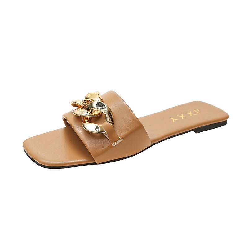 Women Sandals Design Gold Chain Closed Toe Slip On Mules Shoes Flat Heels Square Head Casual Slides Summer Slippers Open Toe Flat Sandals Metal Chain PU Leather Slides Shoes - Pendo Store