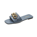 Women Sandals Design Gold Chain Closed Toe Slip On Mules Shoes Flat Heels Square Head Casual Slides Summer Slippers Open Toe Flat Sandals Metal Chain PU Leather Slides Shoes - Pendo Store