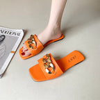 Women Sandals Design Gold Chain Closed Toe Slip On Mules Shoes Flat Heels Square Head Casual Slides Summer Slippers Open Toe Flat Sandals Metal Chain PU Leather Slides Shoes - Pendo Store