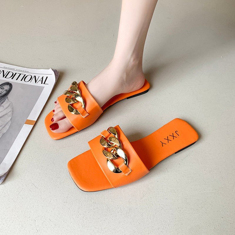 Women Sandals Design Gold Chain Closed Toe Slip On Mules Shoes Flat Heels Square Head Casual Slides Summer Slippers Open Toe Flat Sandals Metal Chain PU Leather Slides Shoes - Pendo Store