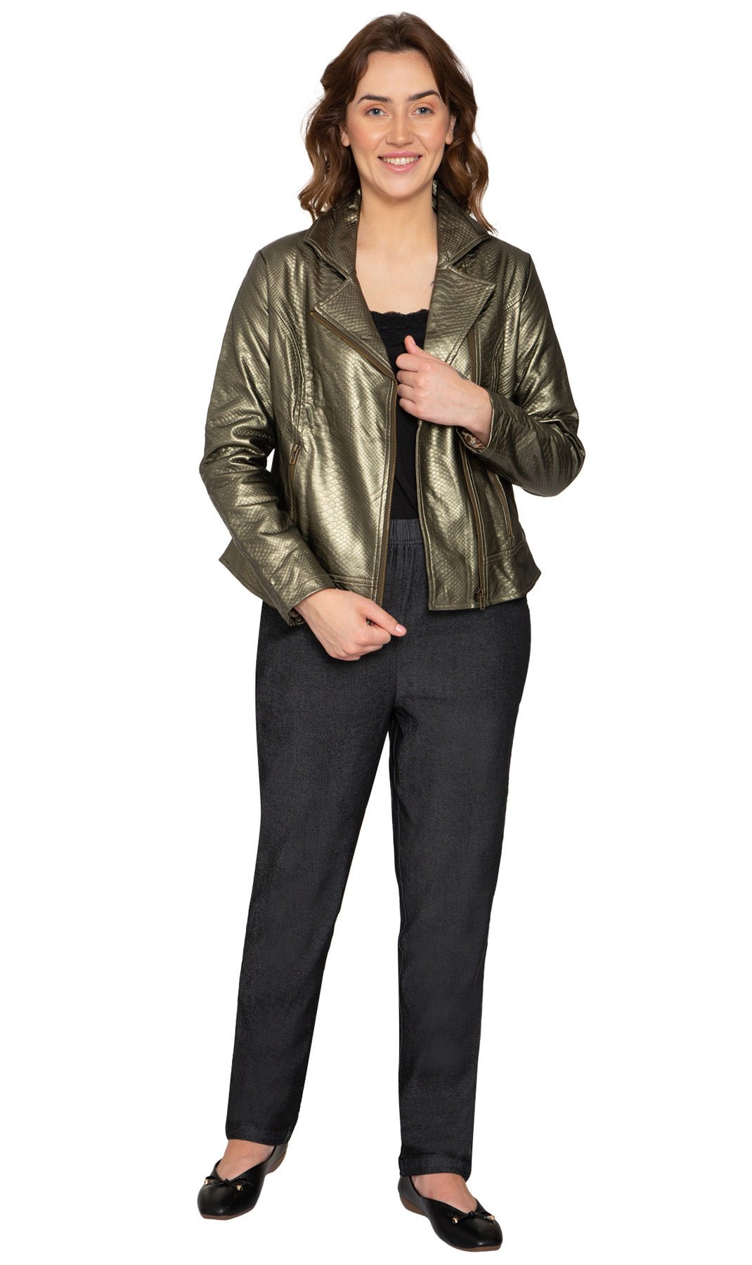 Women's Asymmetrical Zip Metallic Snake Pattern Moto Jacket - Pendo Store