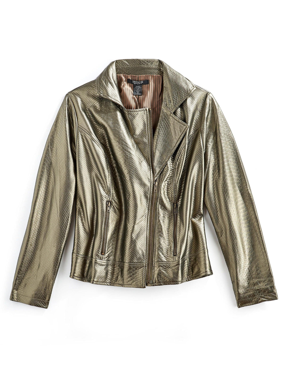 Women's Asymmetrical Zip Metallic Snake Pattern Moto Jacket - Pendo Store