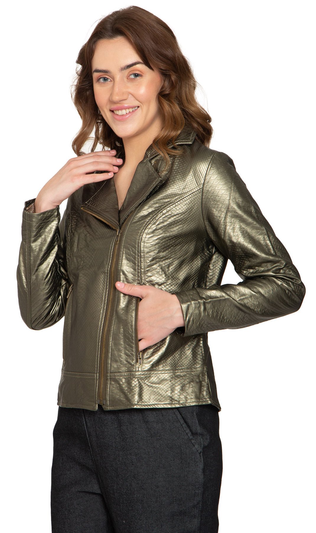Women's Asymmetrical Zip Metallic Snake Pattern Moto Jacket - Pendo Store