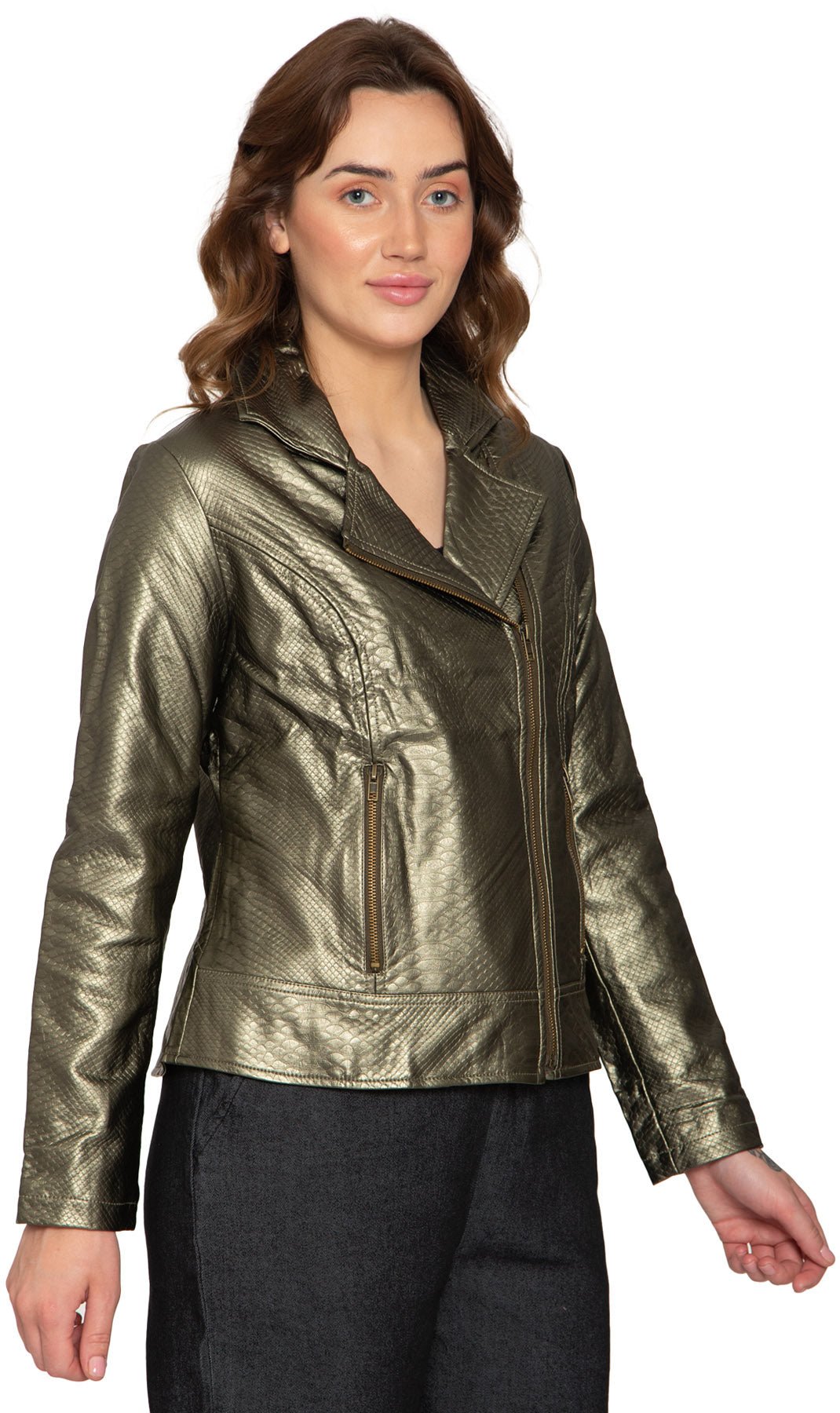 Women's Asymmetrical Zip Metallic Snake Pattern Moto Jacket - Pendo Store