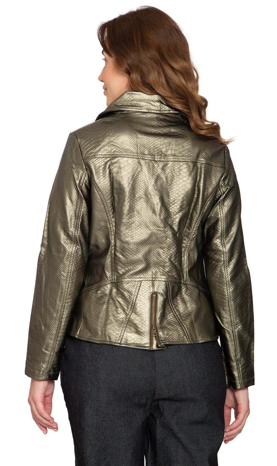 Women's Asymmetrical Zip Metallic Snake Pattern Moto Jacket - Pendo Store