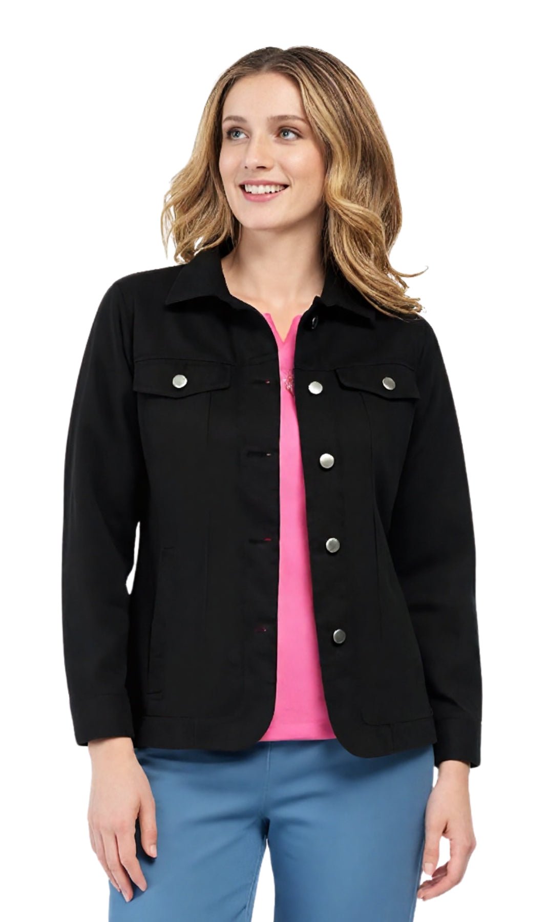 Women's Button Front Brushed Twill Jacket with Collar and Patch Pockets - Pendo Store