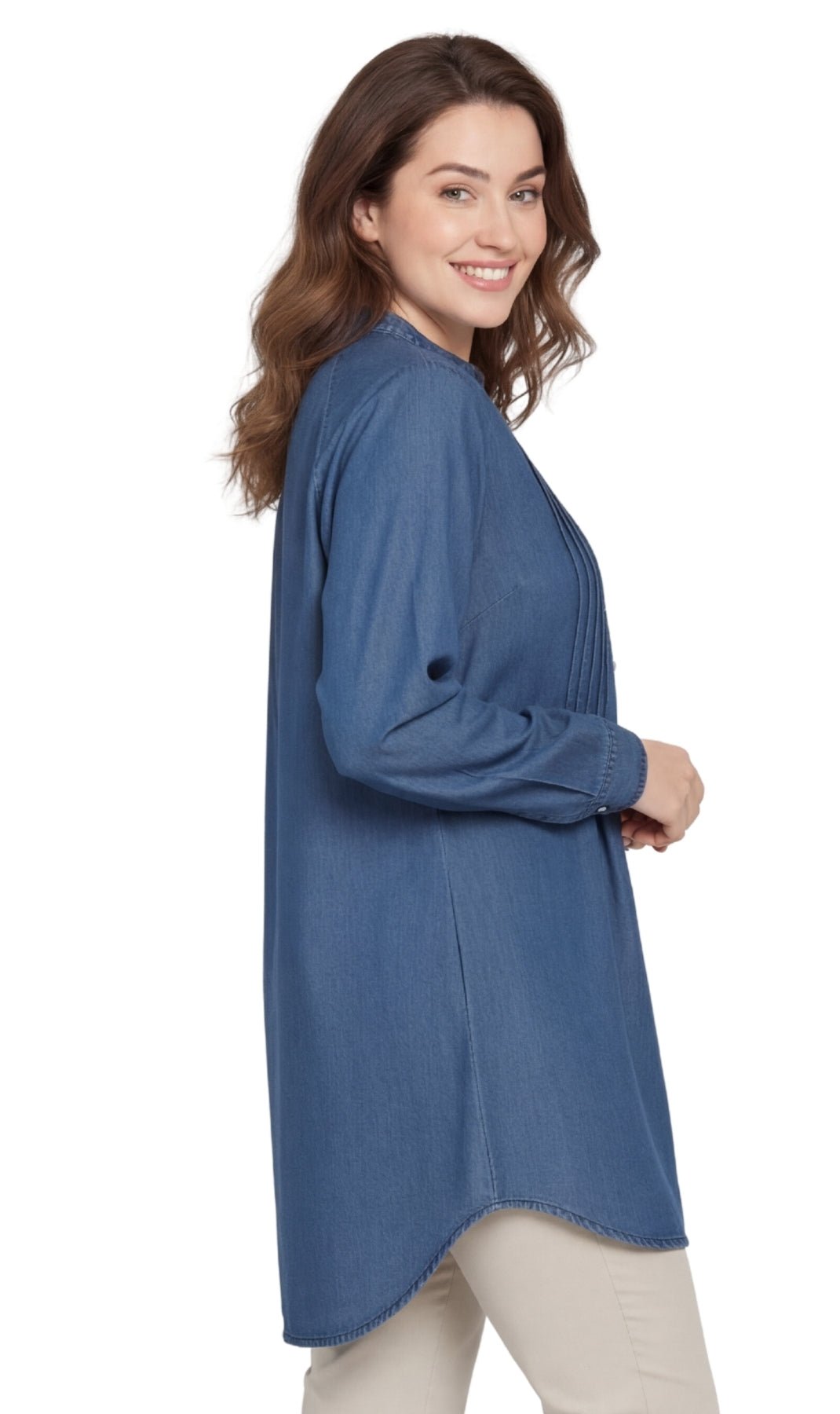 Women's Denim Pintuck Button-Front Tunic Top - Pendo Store