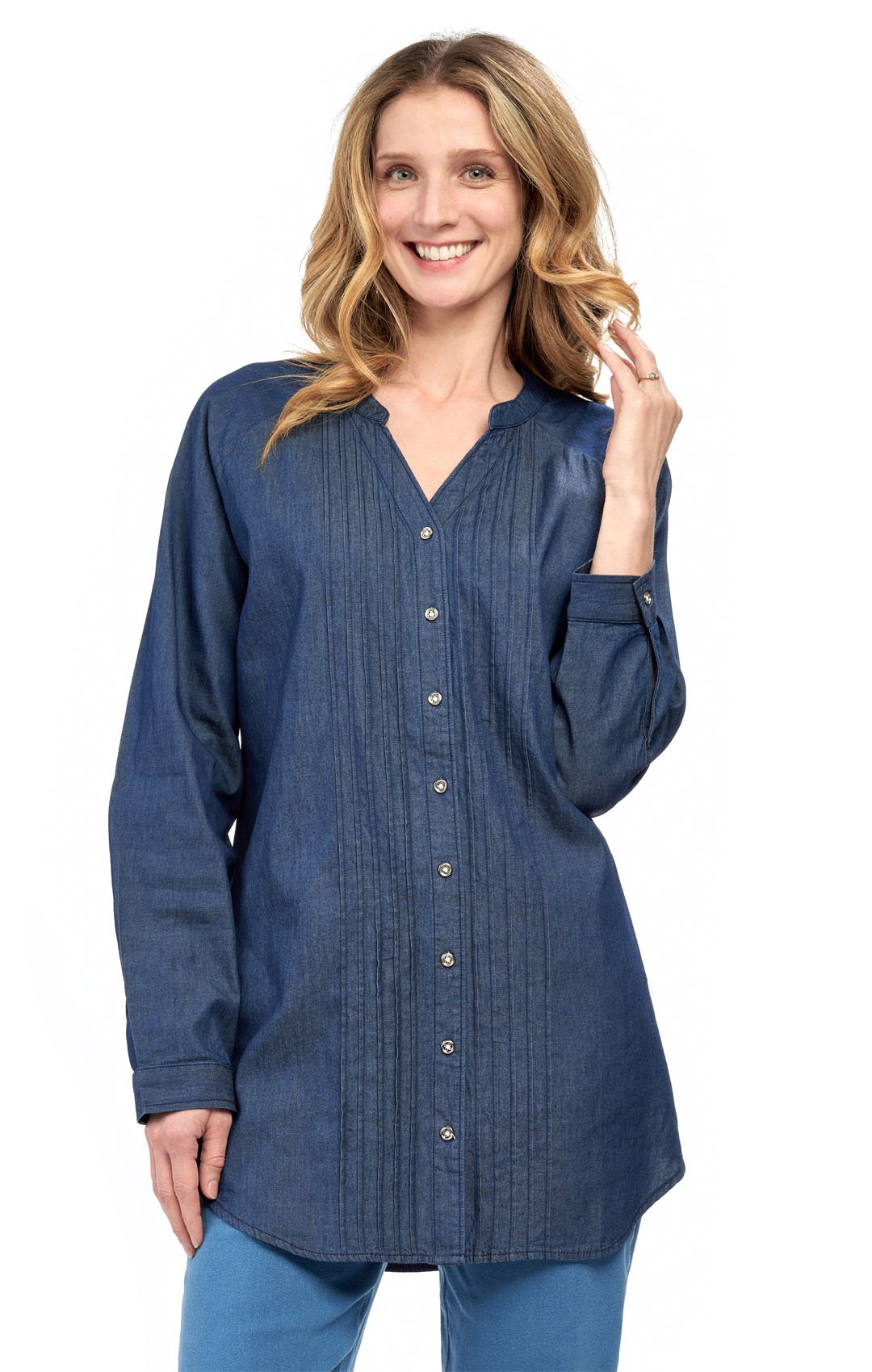 Women's Denim Pintuck Button-Front Tunic Top - Pendo Store