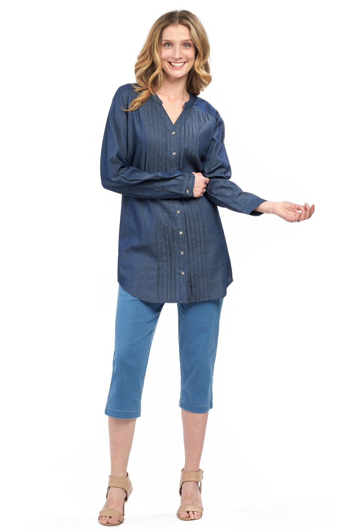 Women's Denim Pintuck Button-Front Tunic Top - Pendo Store
