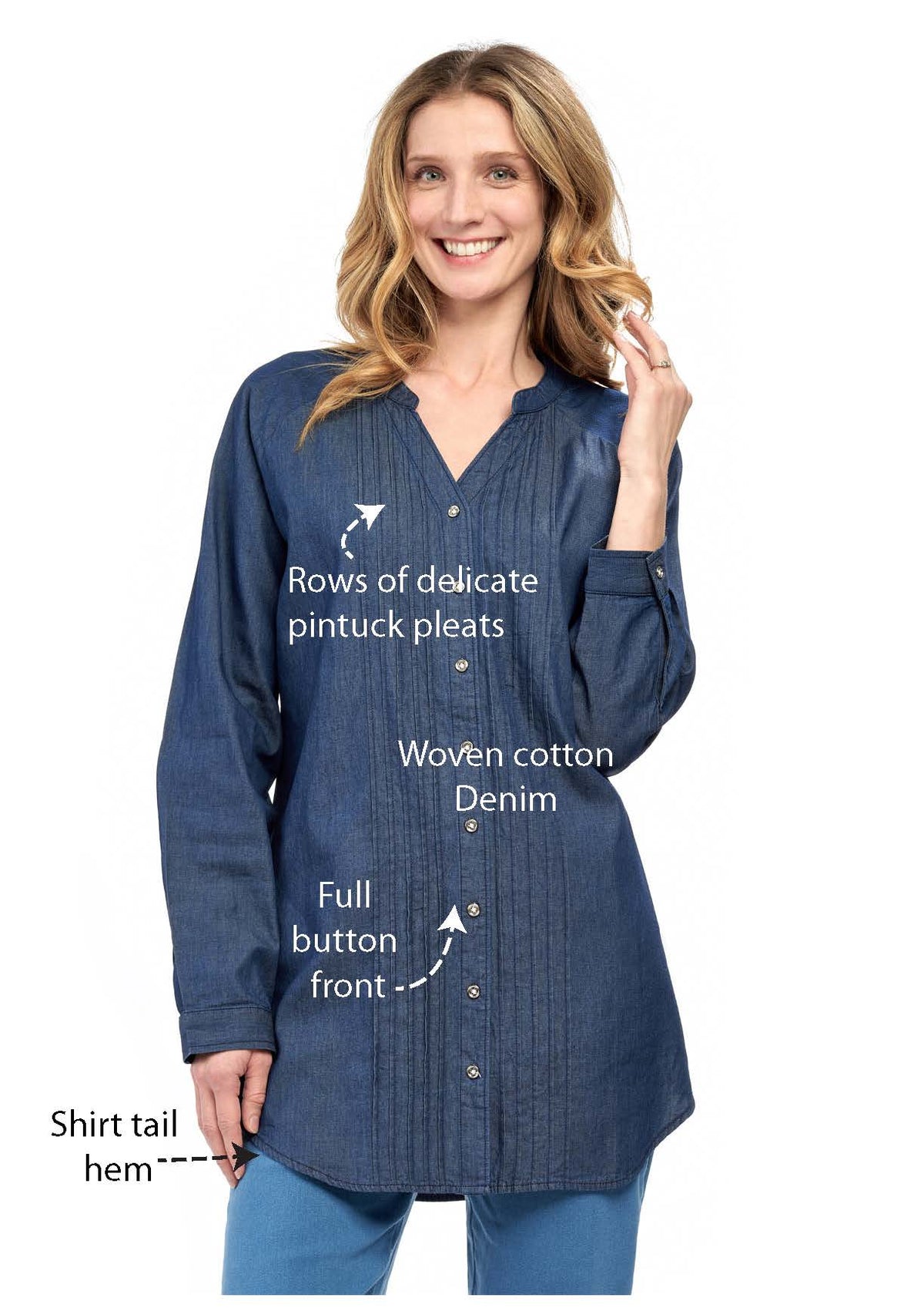 Women's Denim Pintuck Button-Front Tunic Top - Pendo Store