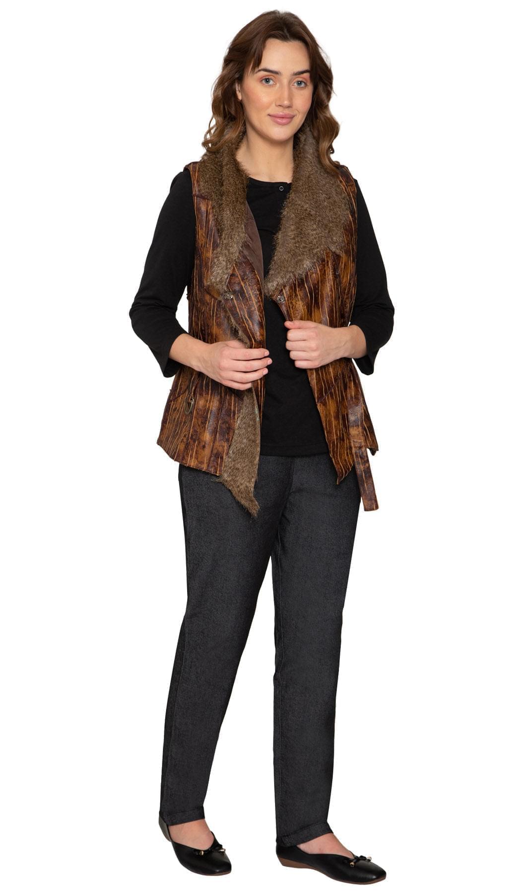 Women's Faux Fur Trimmed Belted Vegan Leather Vest - Pendo Store