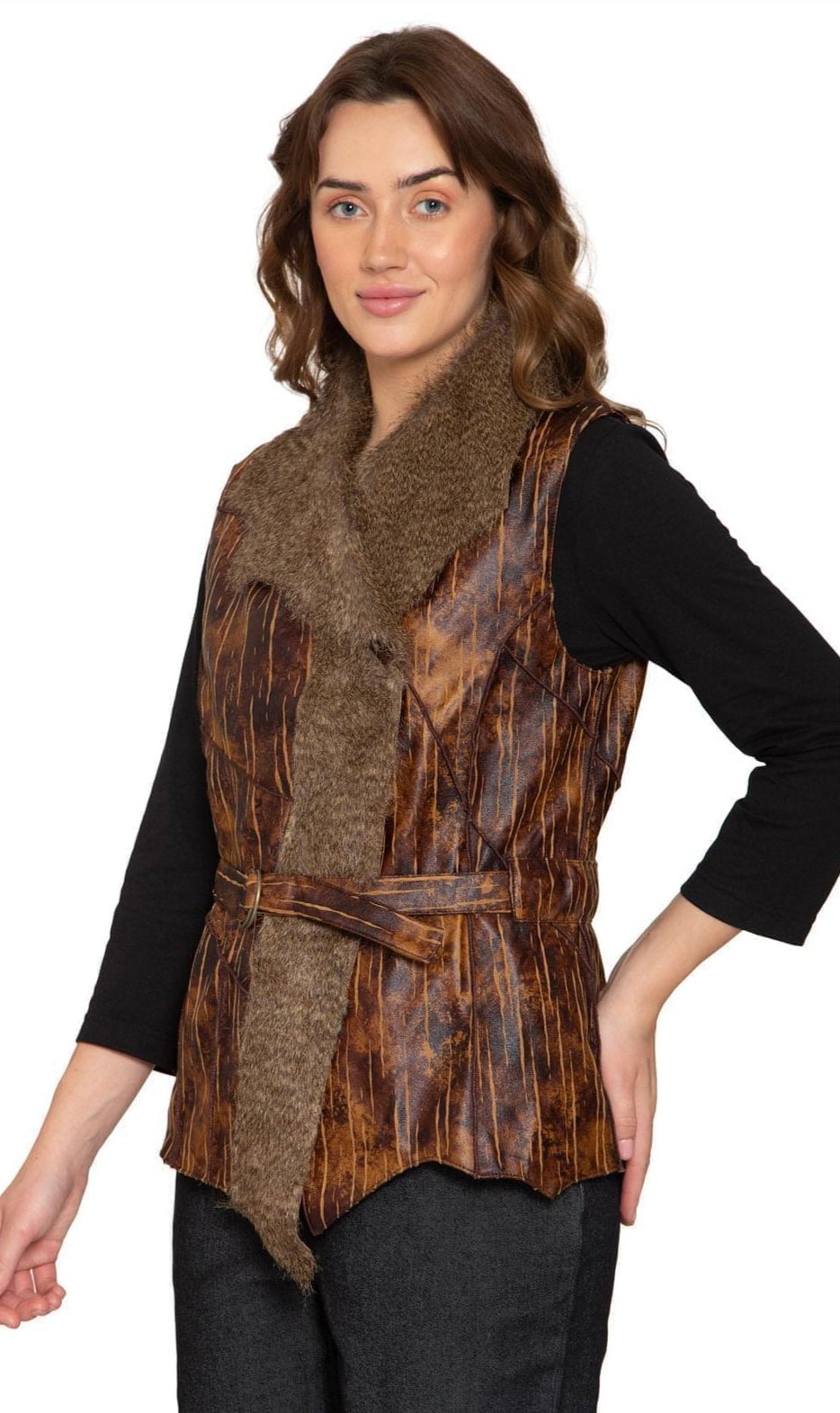 Women's Faux Fur Trimmed Belted Vegan Leather Vest - Pendo Store