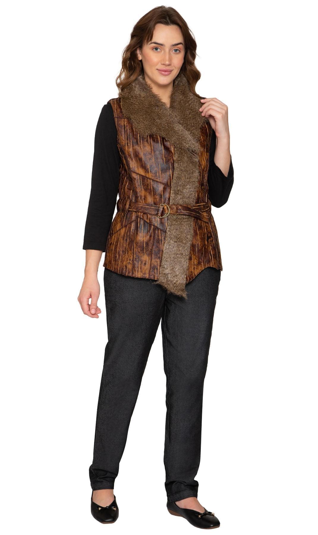 Women's Faux Fur Trimmed Belted Vegan Leather Vest - Pendo Store