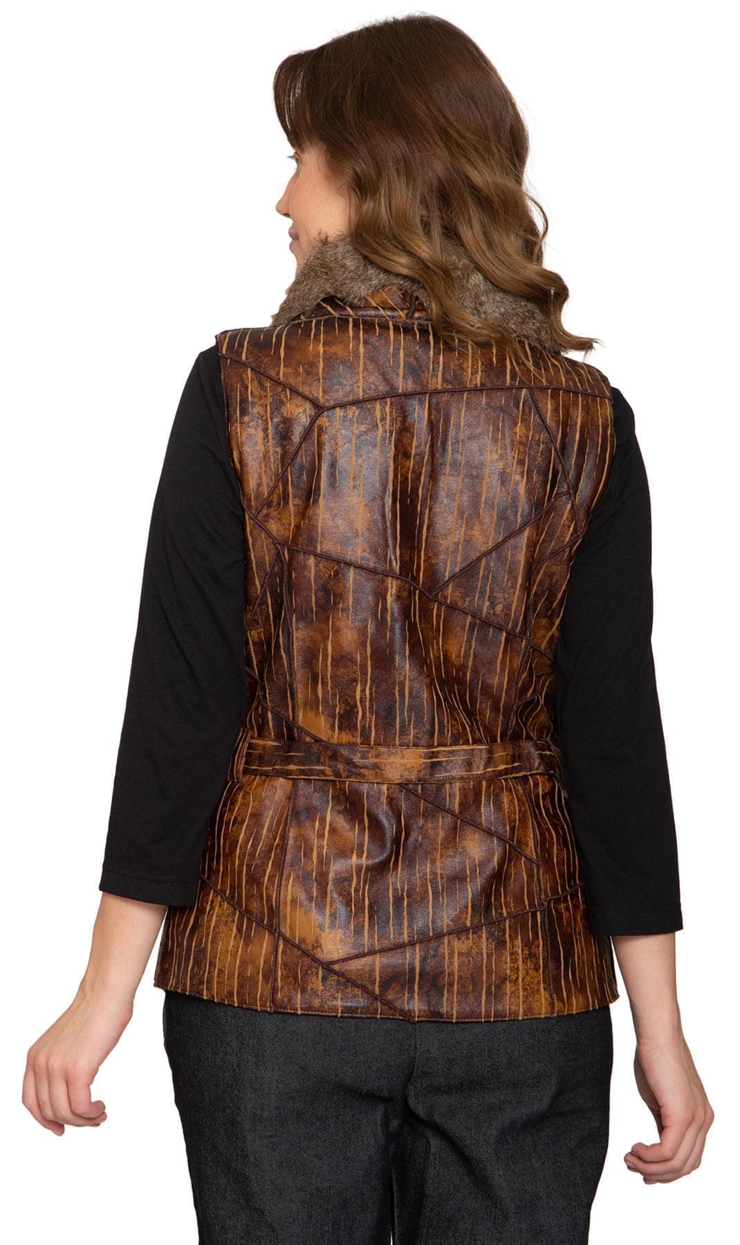 Women's Faux Fur Trimmed Belted Vegan Leather Vest - Pendo Store