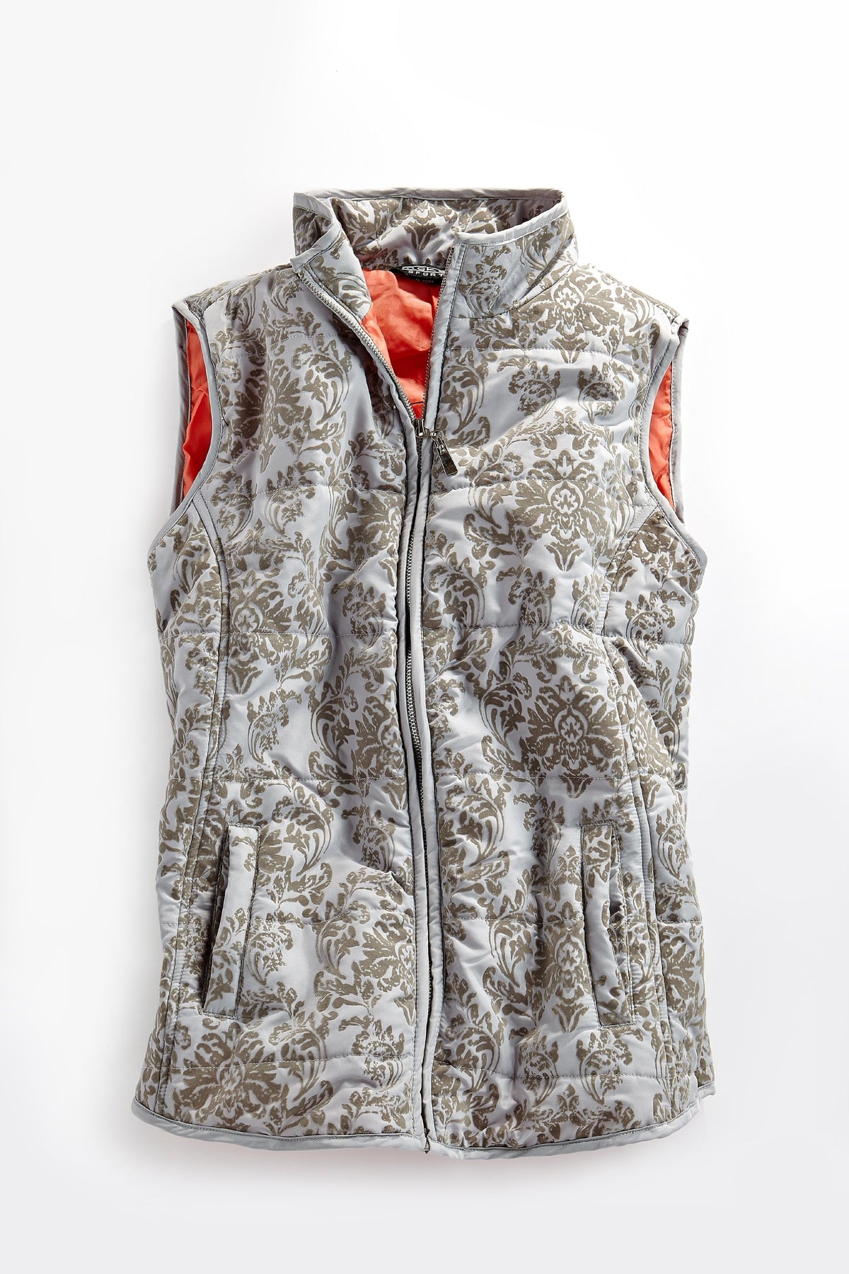 Women's Flocked Damask Print Zip Front Vest - Pendo Store