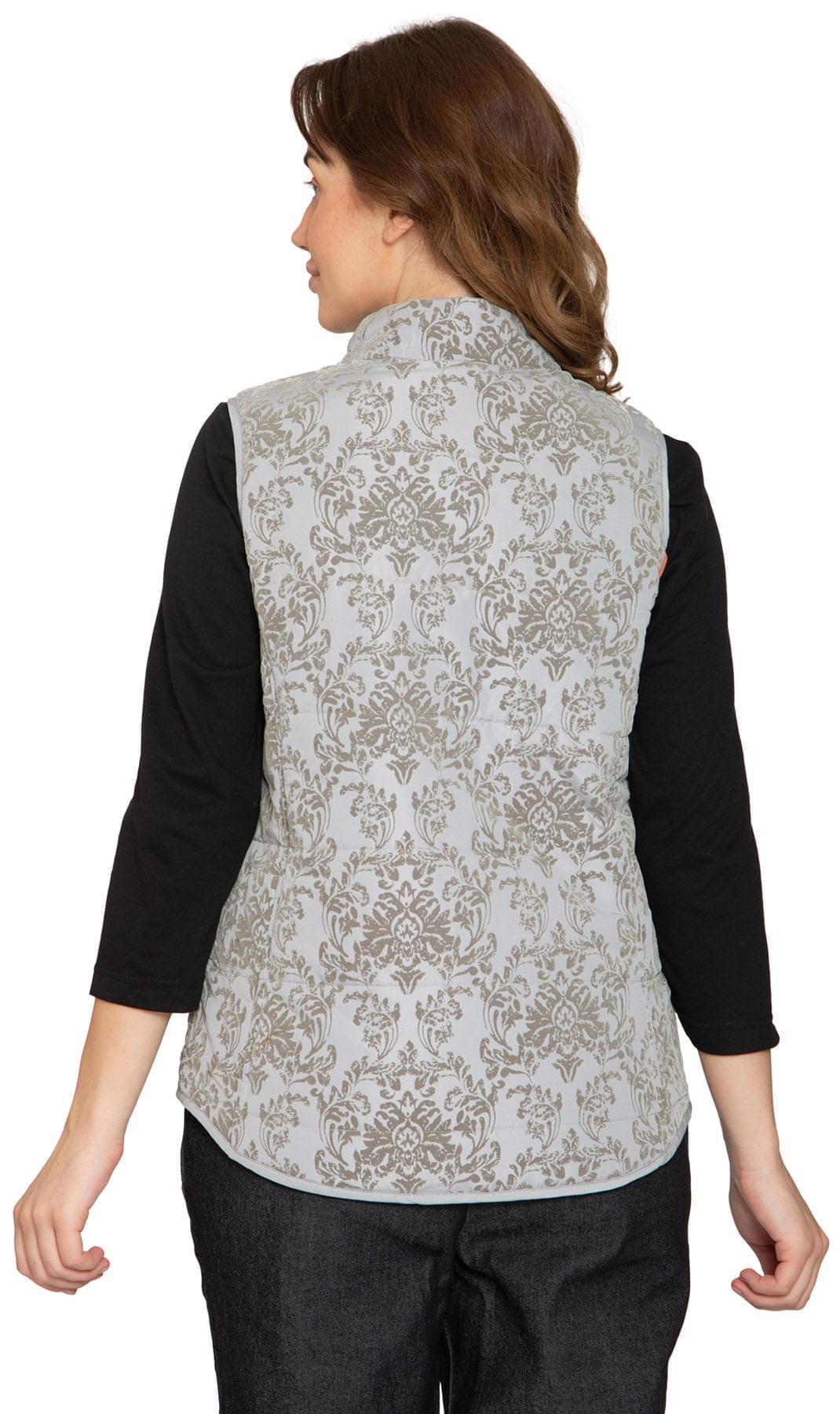 Women's Flocked Damask Print Zip Front Vest - Pendo Store