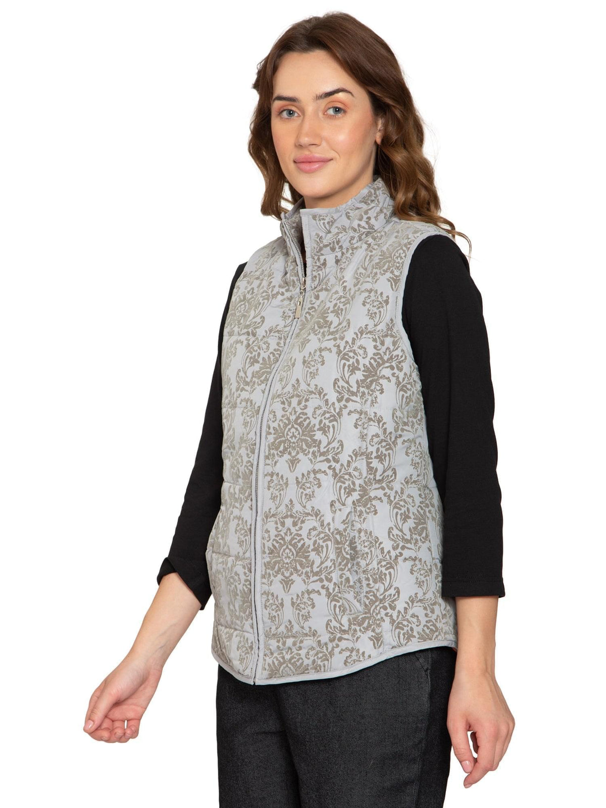 Women's Flocked Damask Print Zip Front Vest - Pendo Store