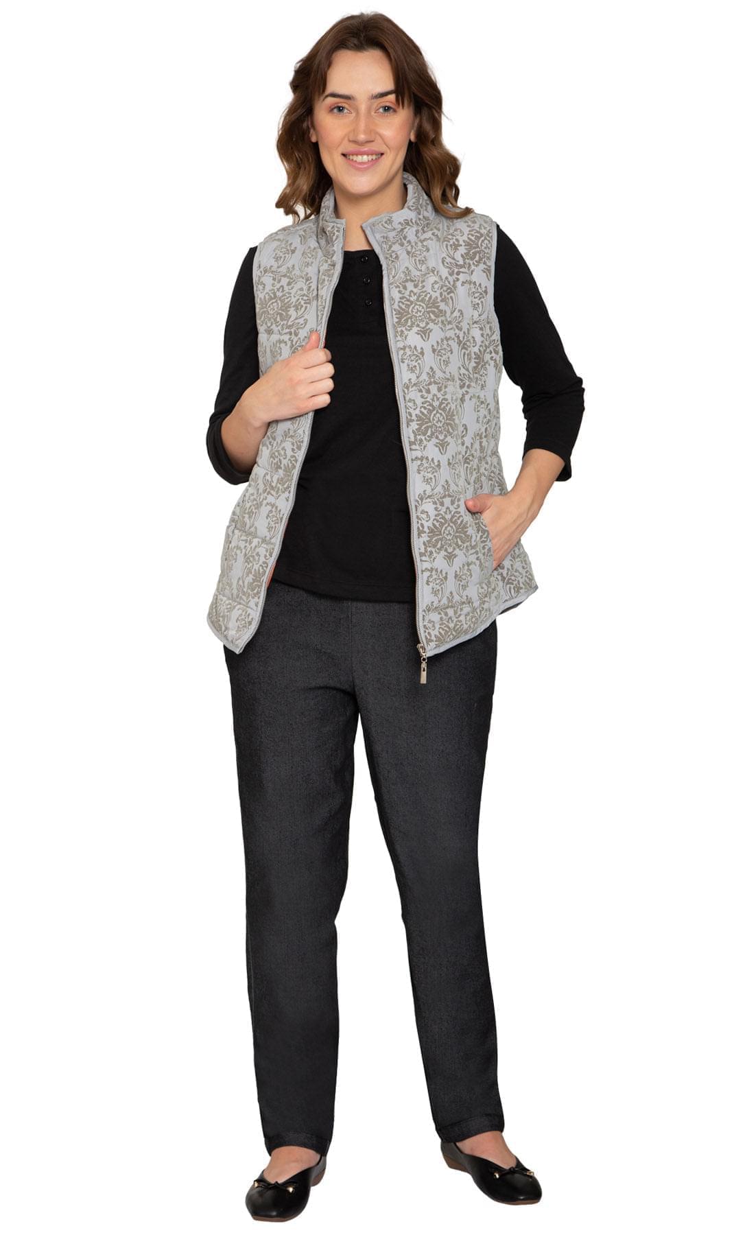 Women's Flocked Damask Print Zip Front Vest - Pendo Store