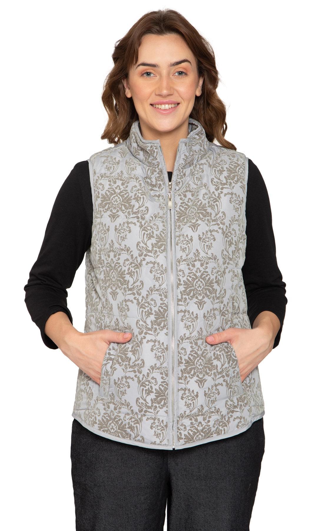 Women's Flocked Damask Print Zip Front Vest - Pendo Store