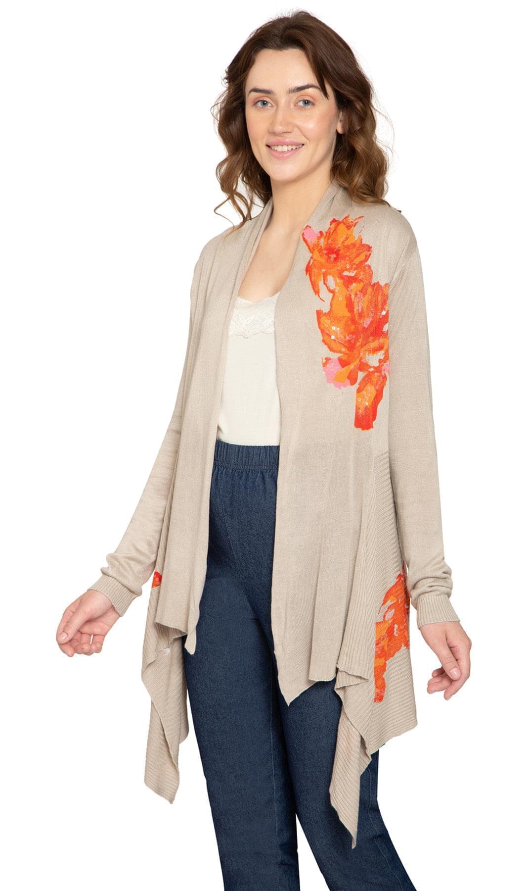 Women's Floral Embellished Open Front Long Cardigan - Pendo Store