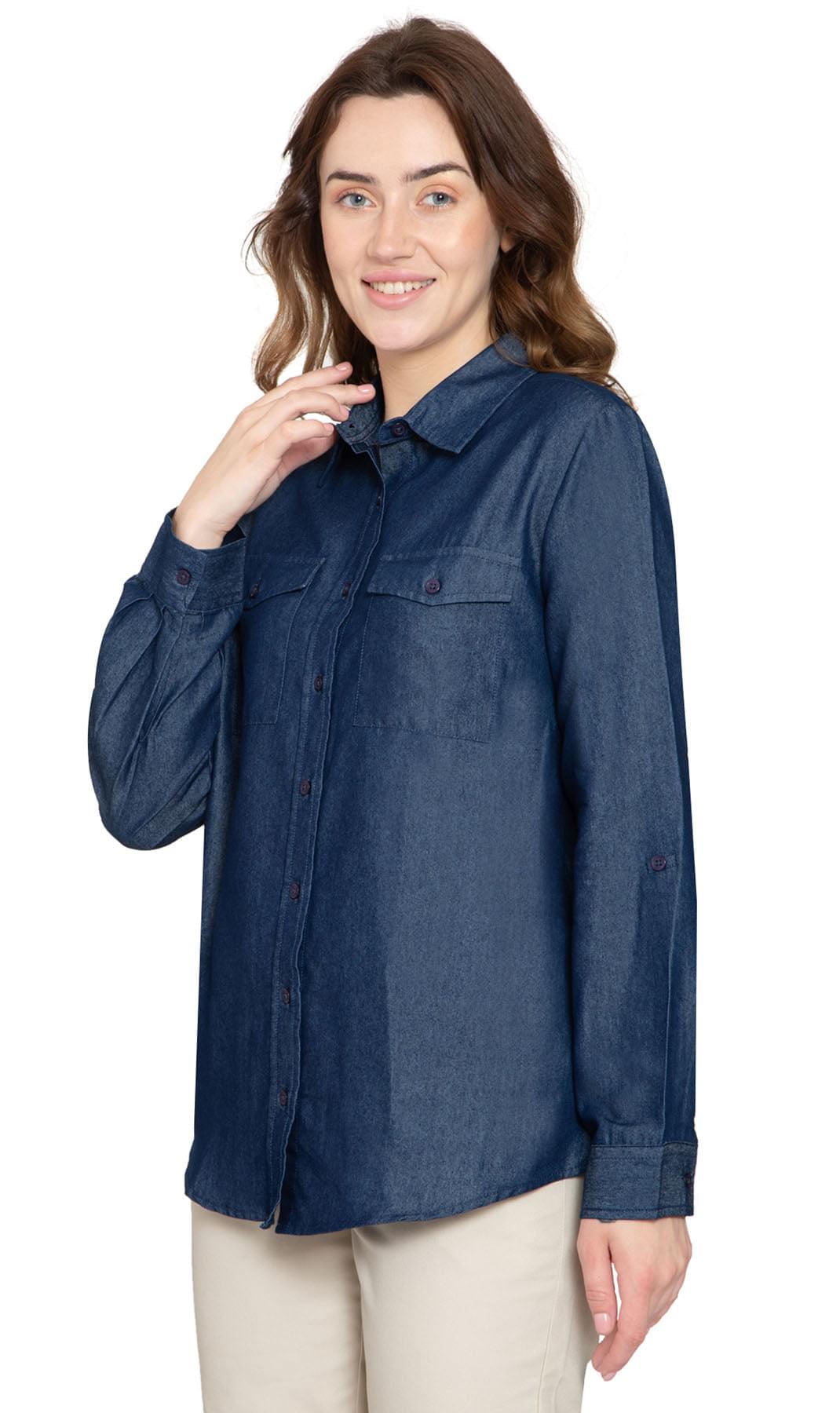 Women's Long Sleeve Button Down Denim Shirt with Front Pocket - Pendo Store