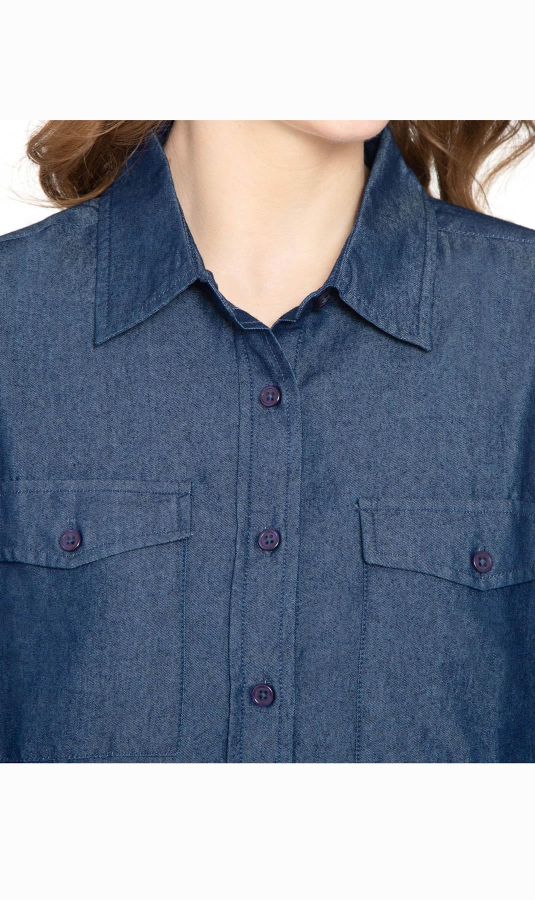Women's Long Sleeve Button Down Denim Shirt with Front Pocket - Pendo Store
