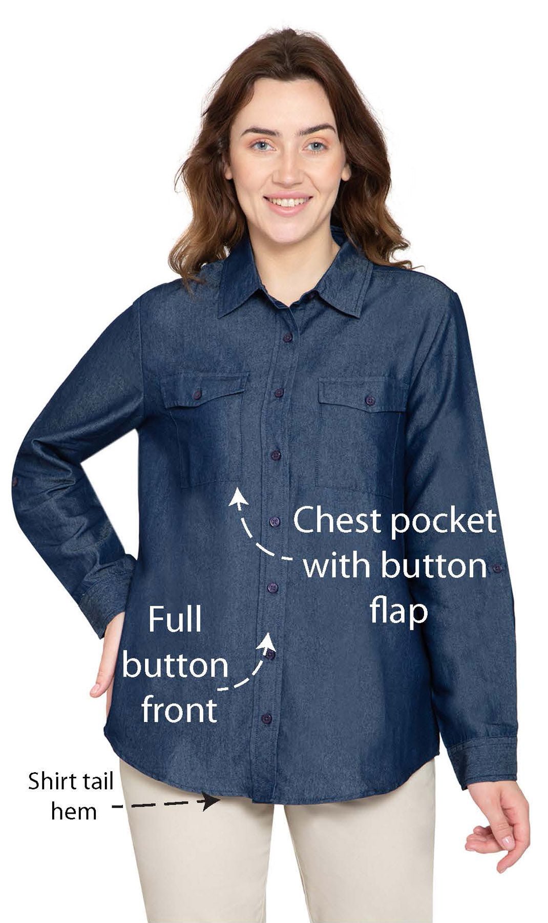 Women's Long Sleeve Button Down Denim Shirt with Front Pocket - Pendo Store