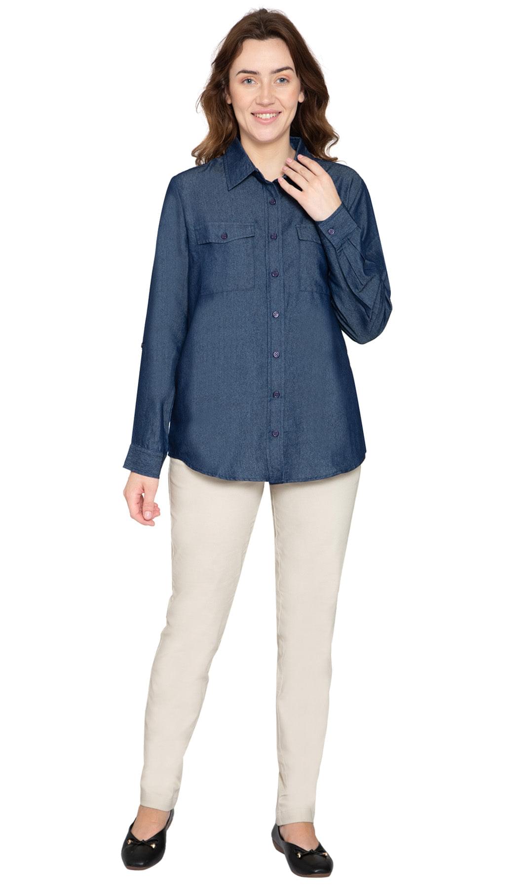 Women's Long Sleeve Button Down Denim Shirt with Front Pocket - Pendo Store