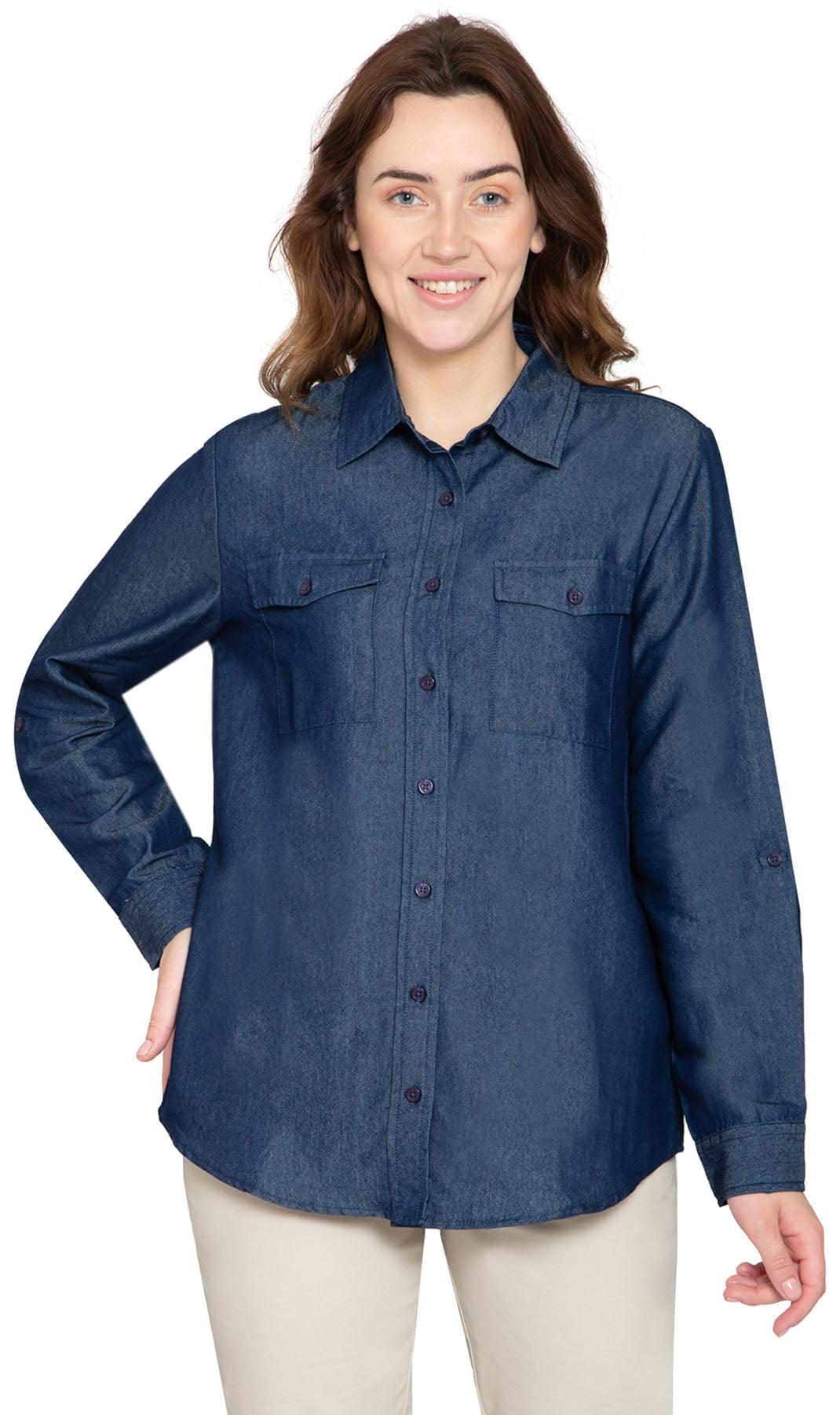 Women's Long Sleeve Button Down Denim Shirt with Front Pocket - Pendo Store