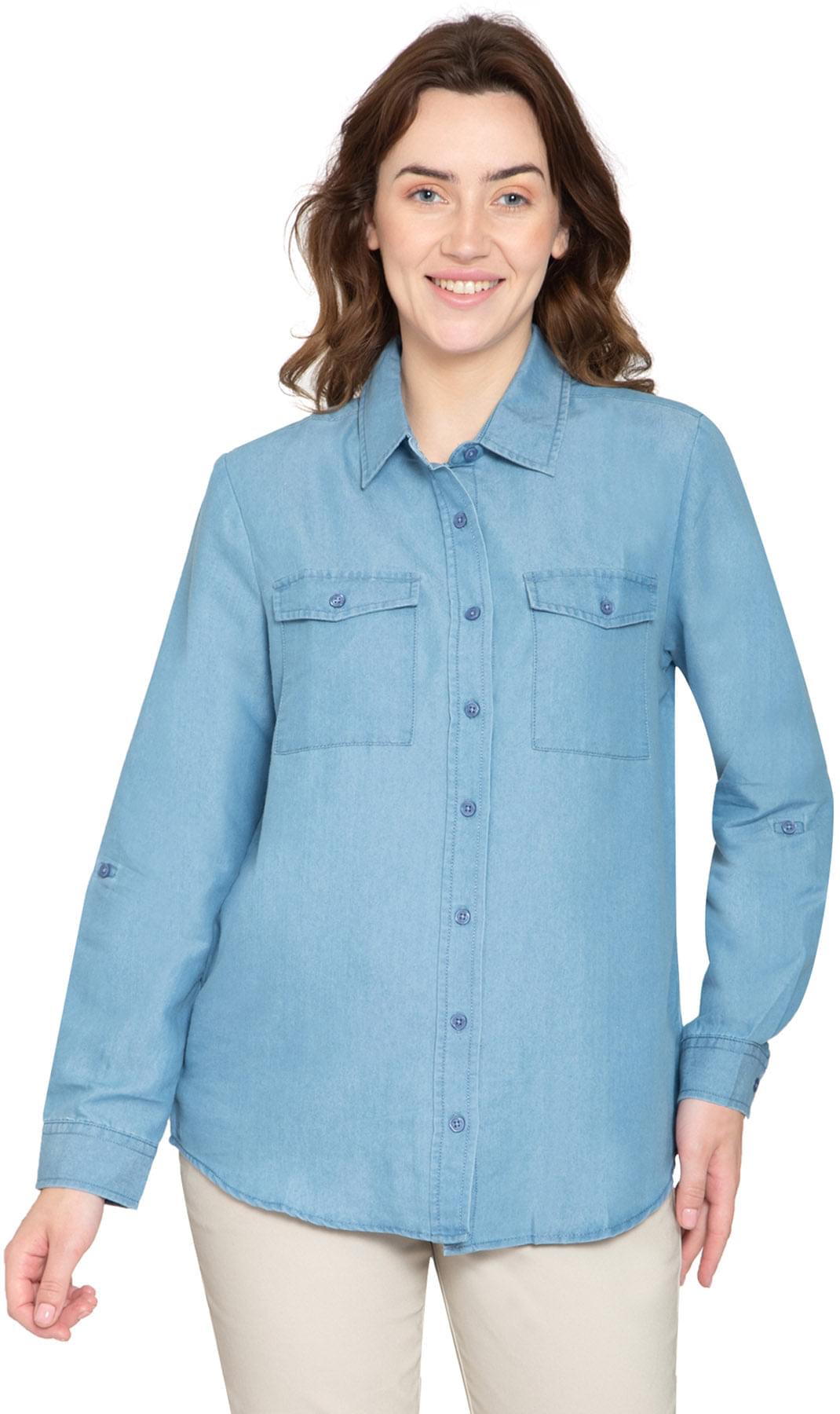Women's Long Sleeve Button Down Denim Shirt with Front Pocket - Pendo Store