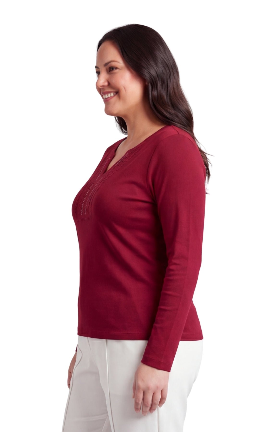 Women's Open Crochet V-Neck Knit Top with Jewel Trim - Pendo Store