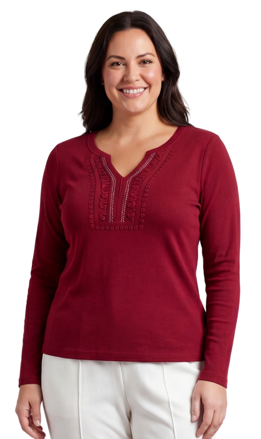 Women's Open Crochet V-Neck Knit Top with Jewel Trim - Pendo Store