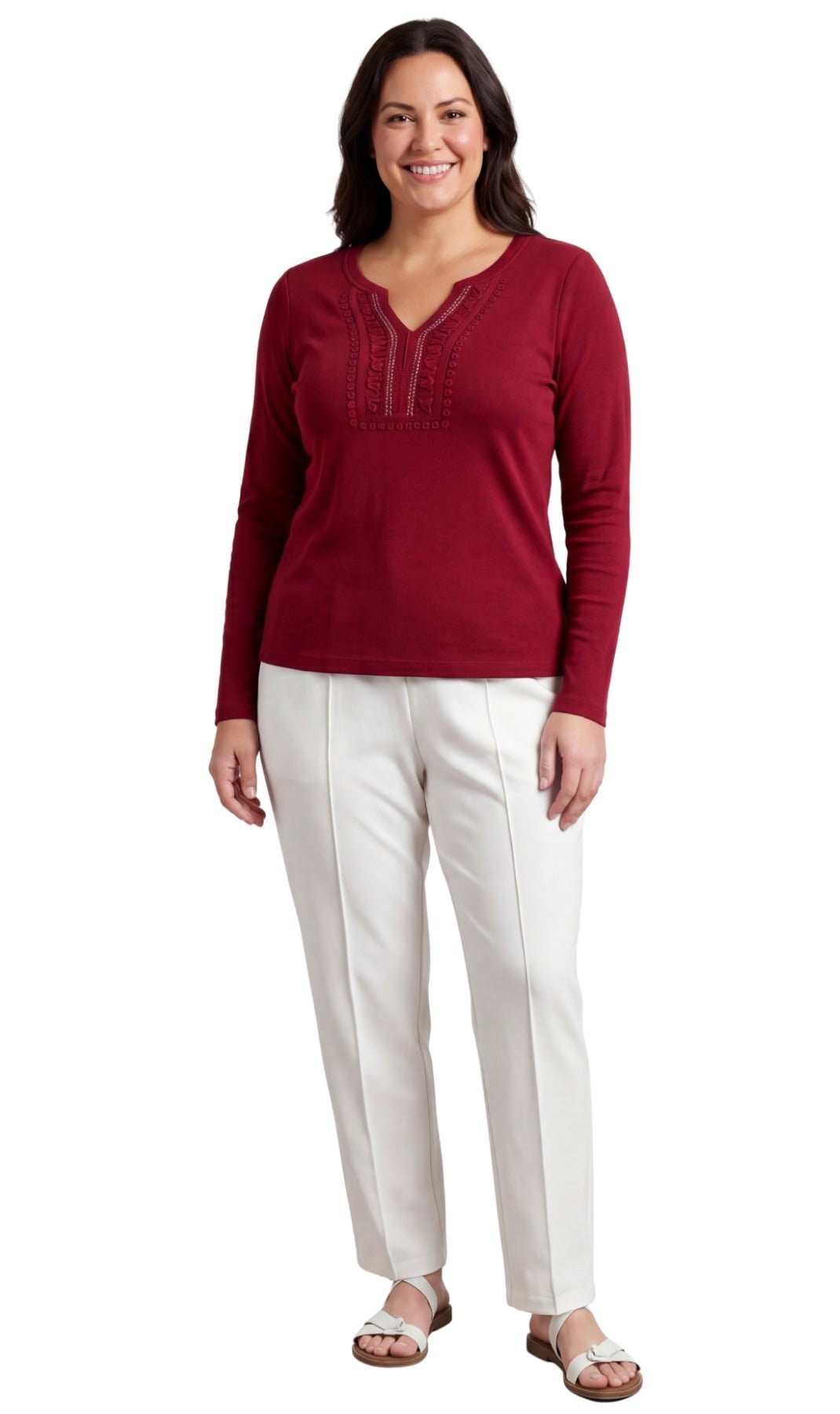 Women's Open Crochet V-Neck Knit Top with Jewel Trim - Pendo Store