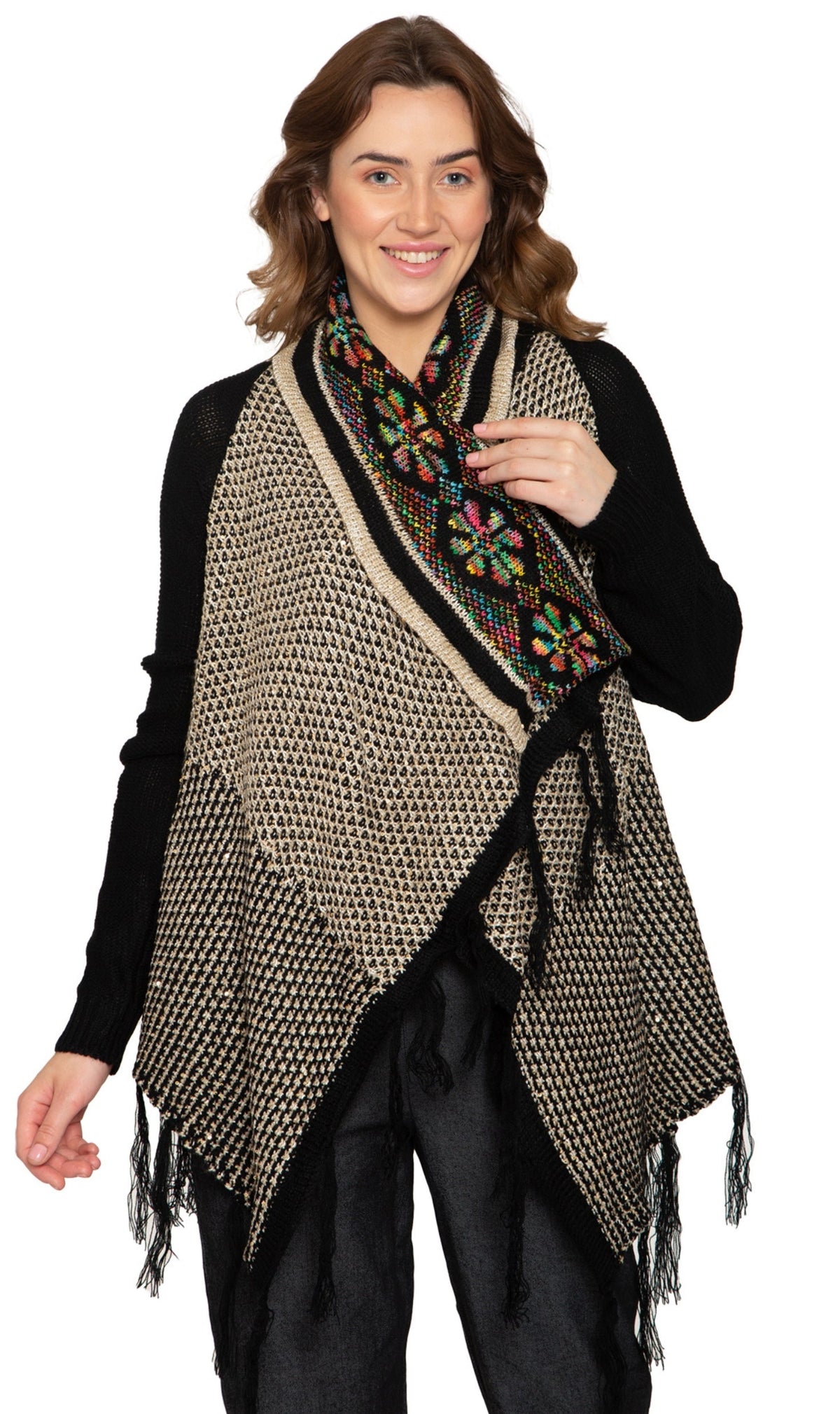 Women's Open Front Fringed Jacquard Weave Long Cardigan - Pendo Store
