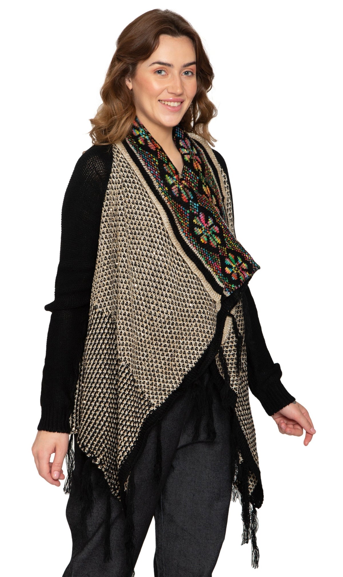 Women's Open Front Fringed Jacquard Weave Long Cardigan - Pendo Store