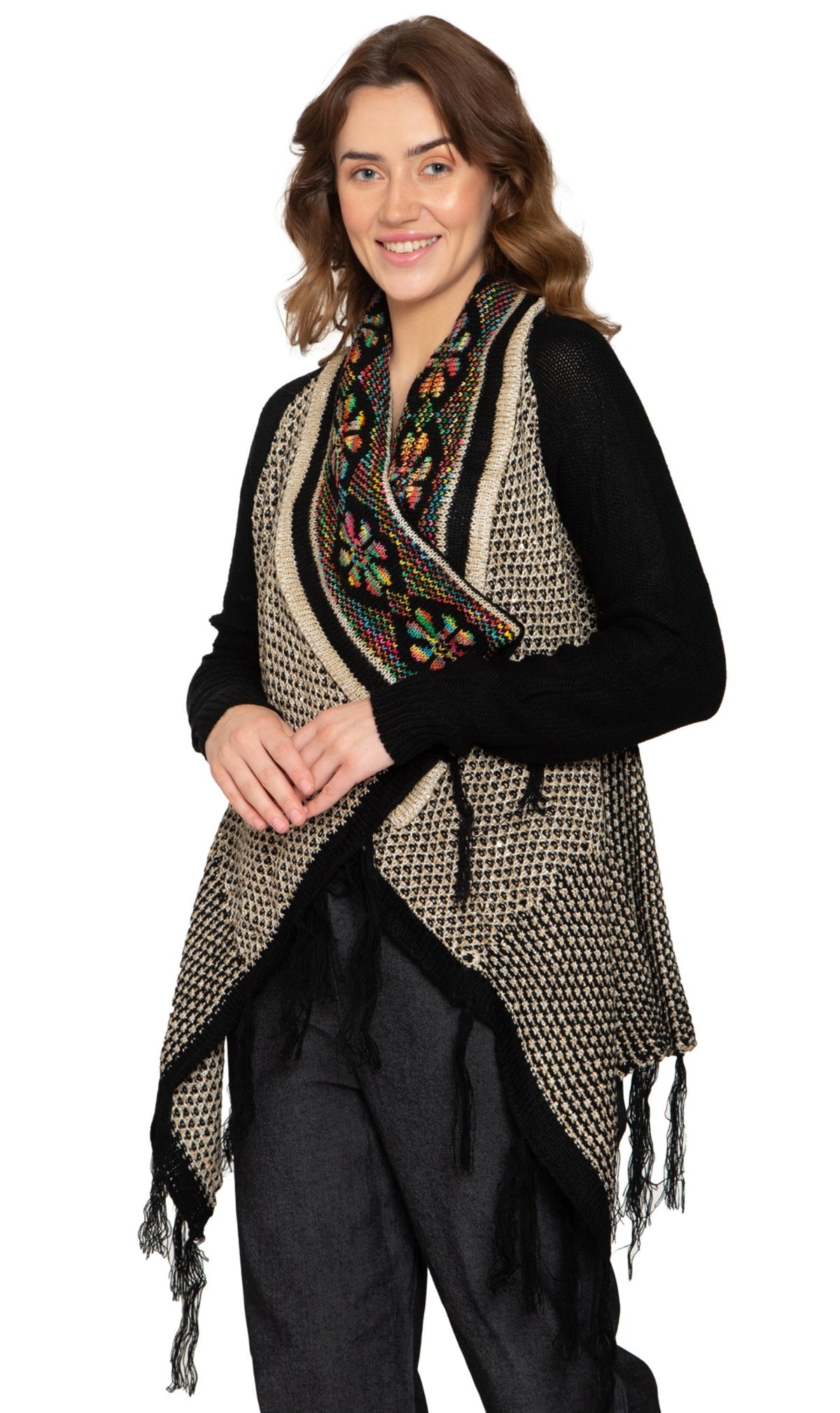 Women's Open Front Fringed Jacquard Weave Long Cardigan - Pendo Store