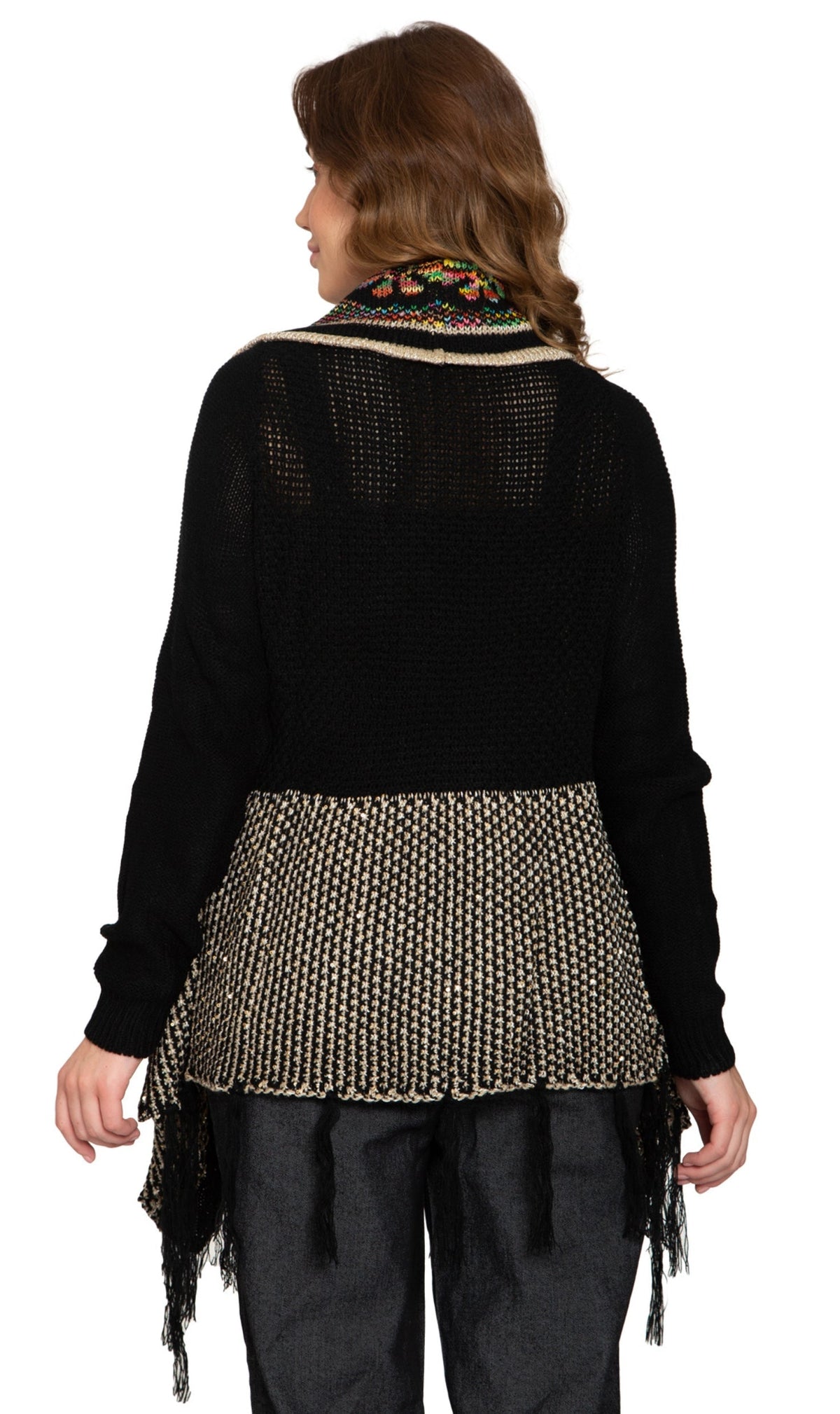 Women's Open Front Fringed Jacquard Weave Long Cardigan - Pendo Store