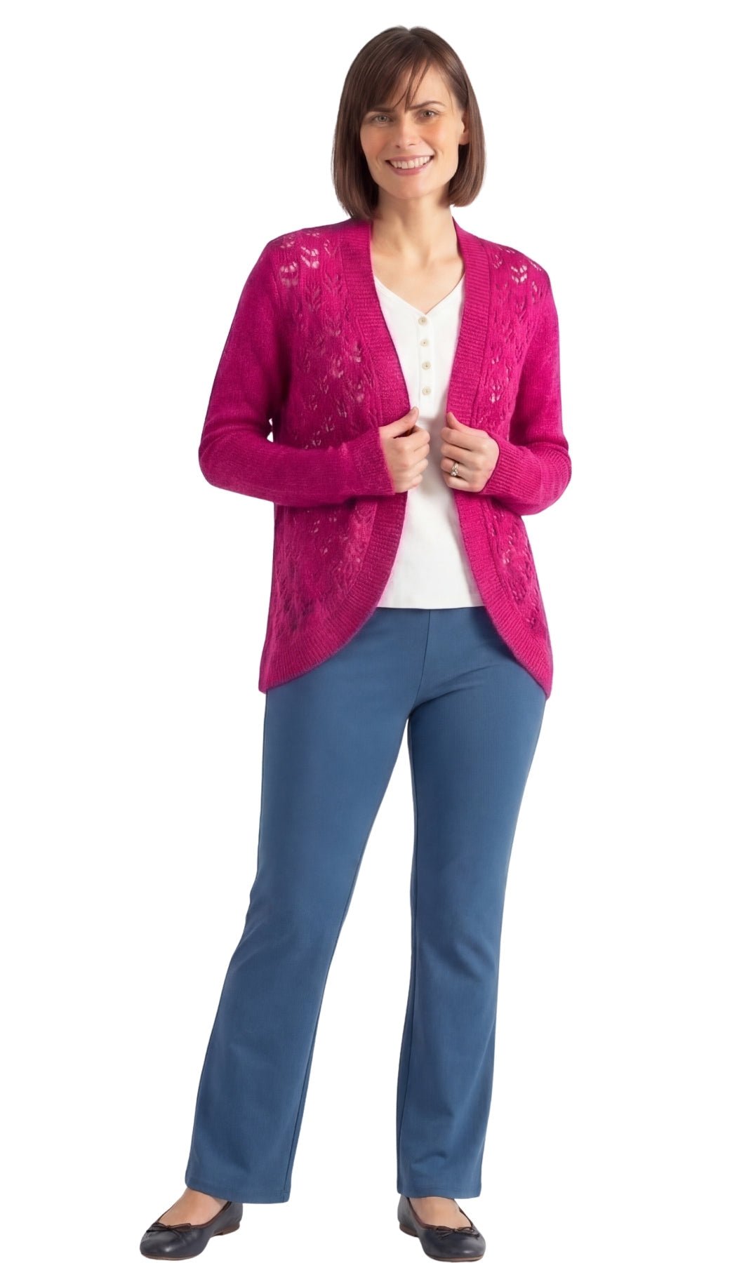 Women's Open Front Pointelle Shrug — Curved Hem Soft Acrylic - Pendo Store
