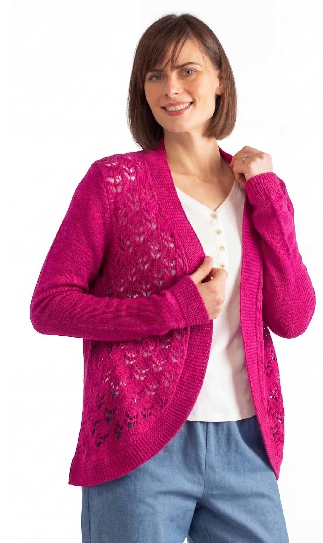 Women's Open Front Pointelle Shrug — Curved Hem Soft Acrylic - Pendo Store