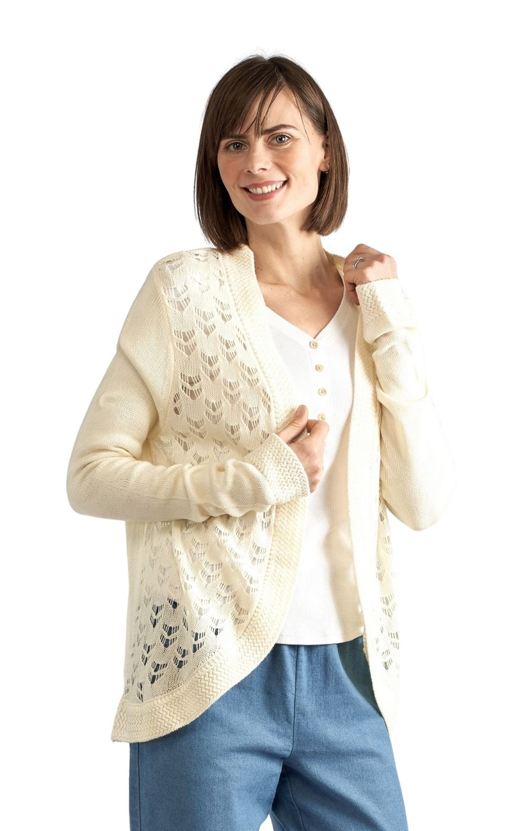 Women's Open Front Pointelle Shrug — Curved Hem Soft Acrylic - Pendo Store