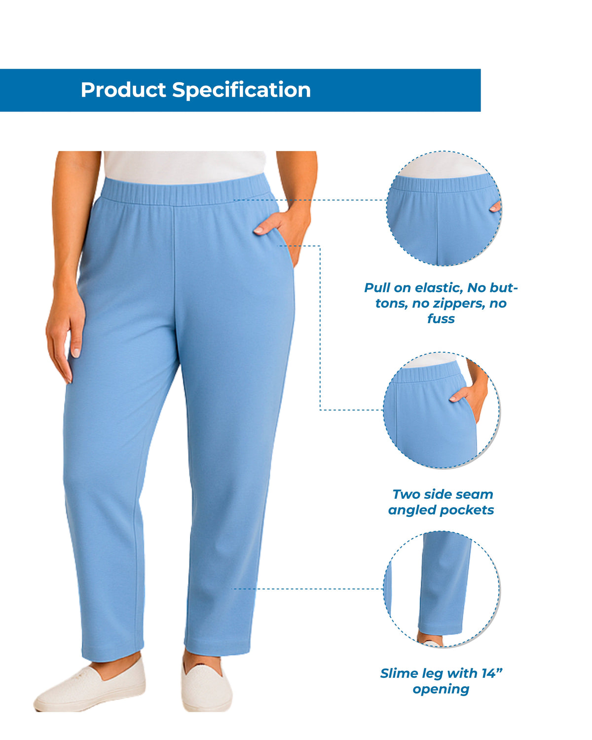 Women's Pull-On Flat Front Knit Pants — Cotton Blend Elastic Waist - Pendo Store