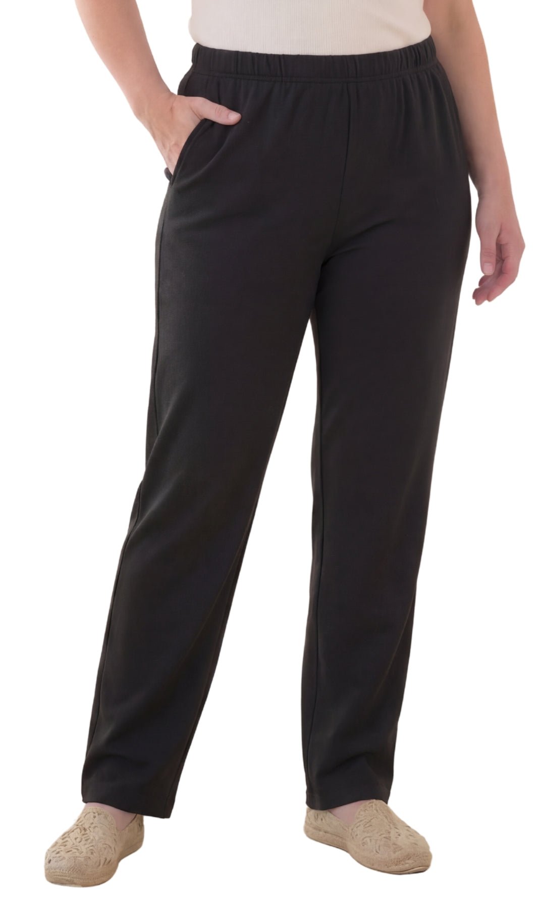 Women's Pull-On Flat Front Knit Pants — Cotton Blend Elastic Waist - Pendo Store