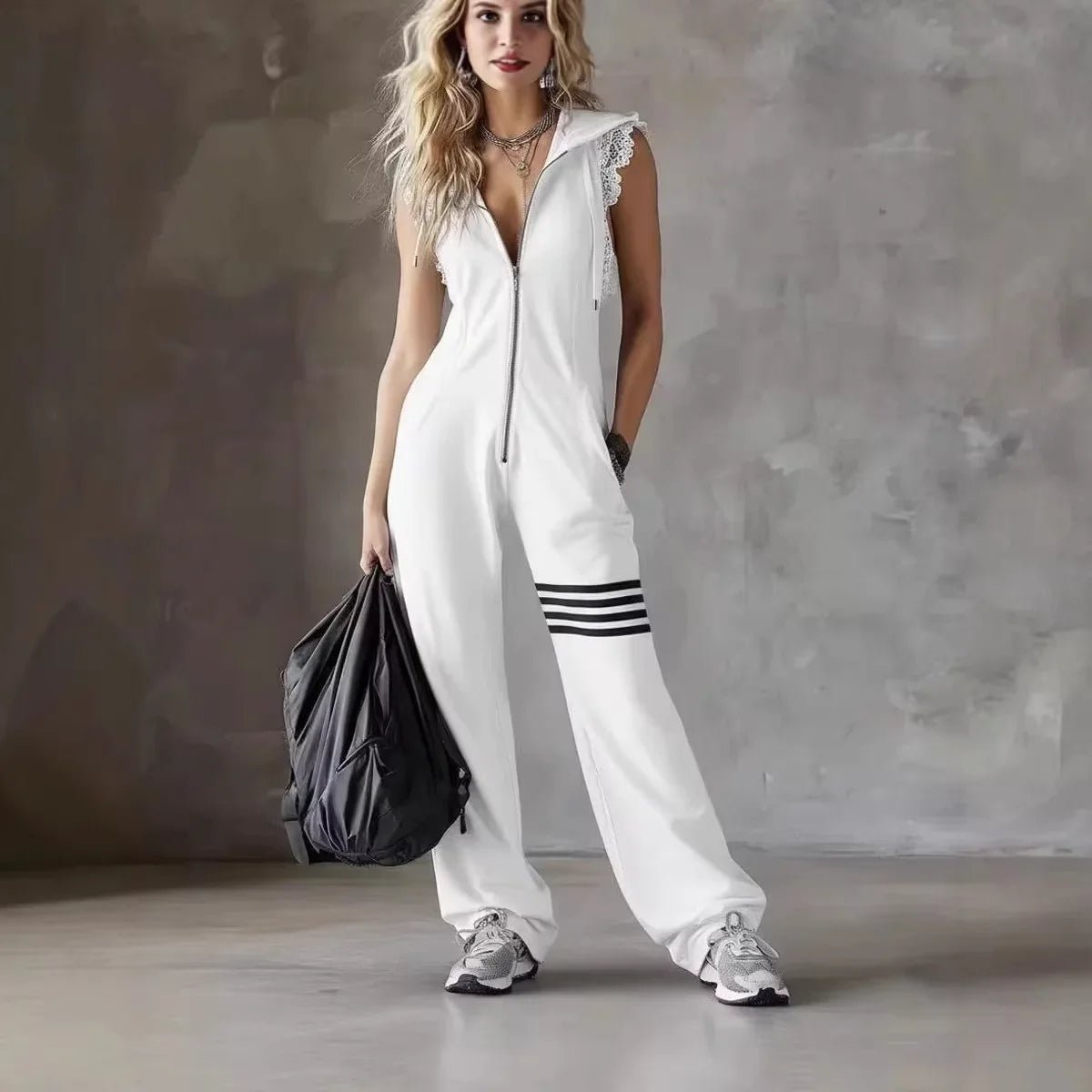 Women’s Retro Stripe Hooded Lace Jumpsuit - Pendo Store