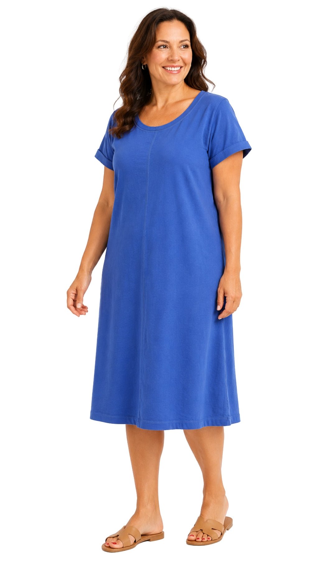 Women's Short Sleeve A-Line Knit Dress — Scoop Neck Asymmetrical Hem - Pendo Store