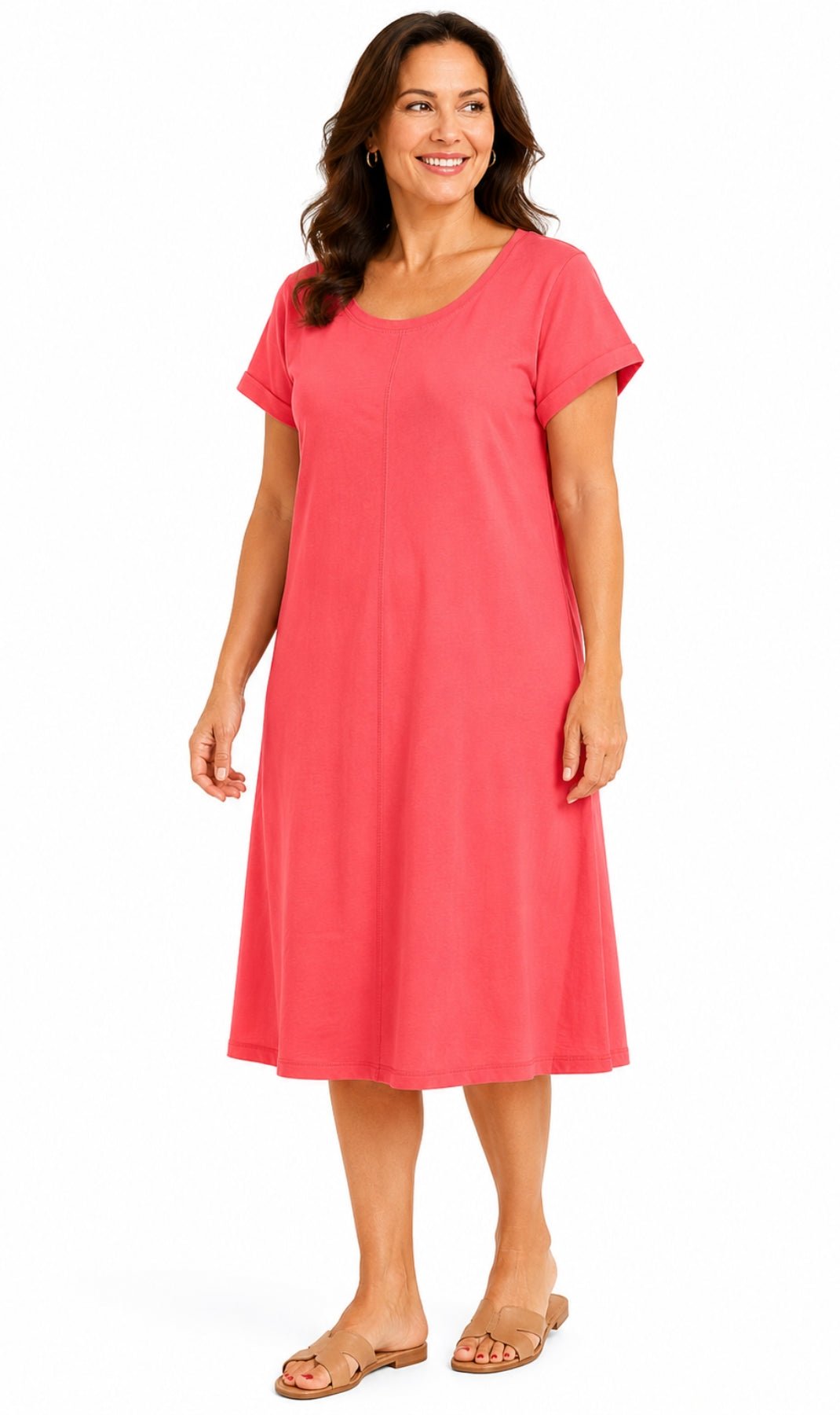 Women's Short Sleeve A-Line Knit Dress — Scoop Neck Asymmetrical Hem - Pendo Store