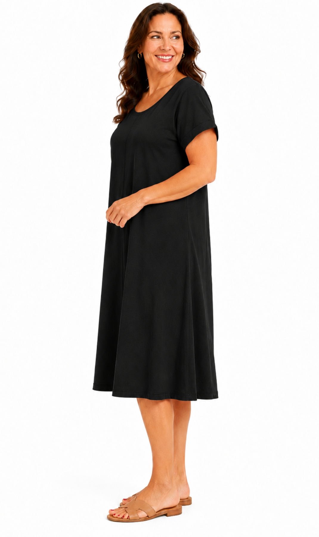 Women's Short Sleeve A-Line Knit Dress — Scoop Neck Asymmetrical Hem - Pendo Store