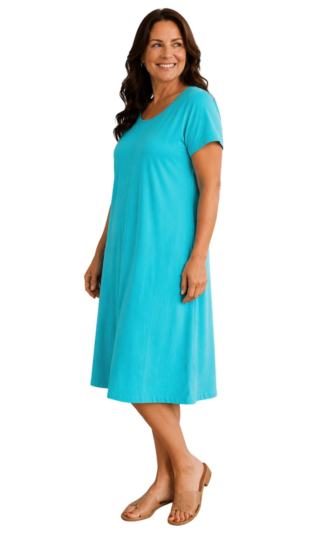 Women's Short Sleeve A-Line Knit Dress — Scoop Neck Asymmetrical Hem - Pendo Store