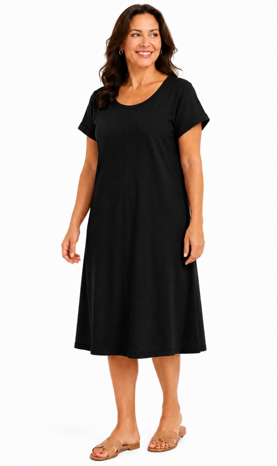 Women's Short Sleeve A-Line Knit Dress — Scoop Neck Asymmetrical Hem - Pendo Store
