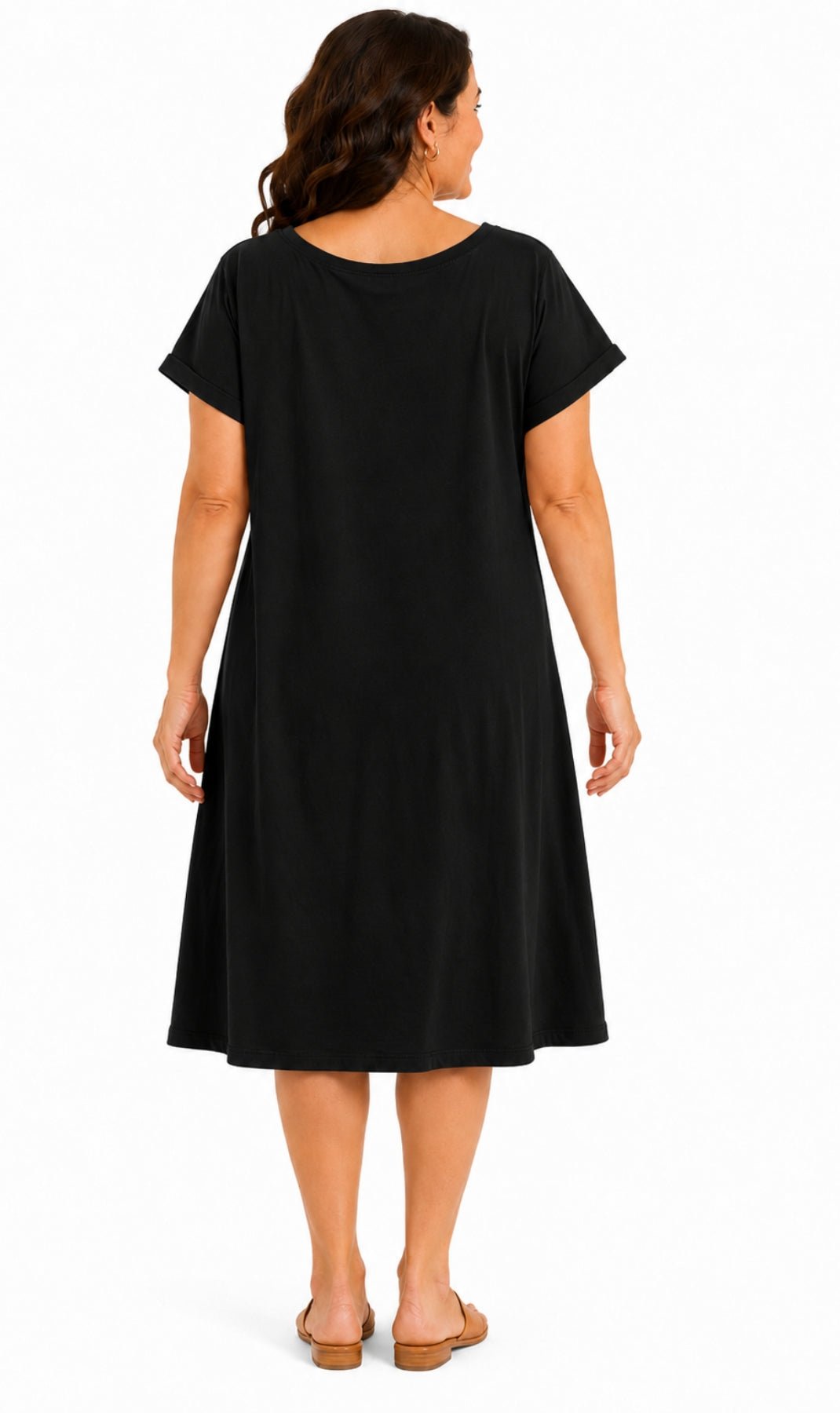 Women's Short Sleeve A-Line Knit Dress — Scoop Neck Asymmetrical Hem - Pendo Store